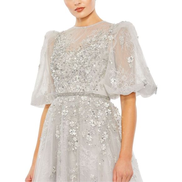 MAC DUGGAL EMBELLISHED PUFF SLEEVE A LINE GOWN - Picture 3 of 11